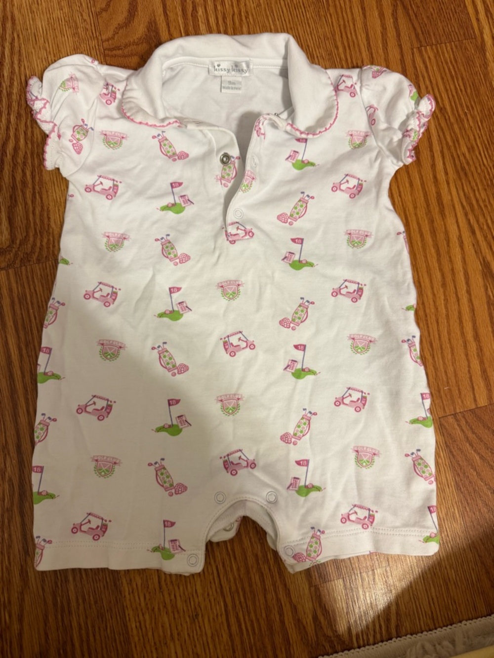 Kissy Kissy White Romper with Pink and Green Golf Cart Print